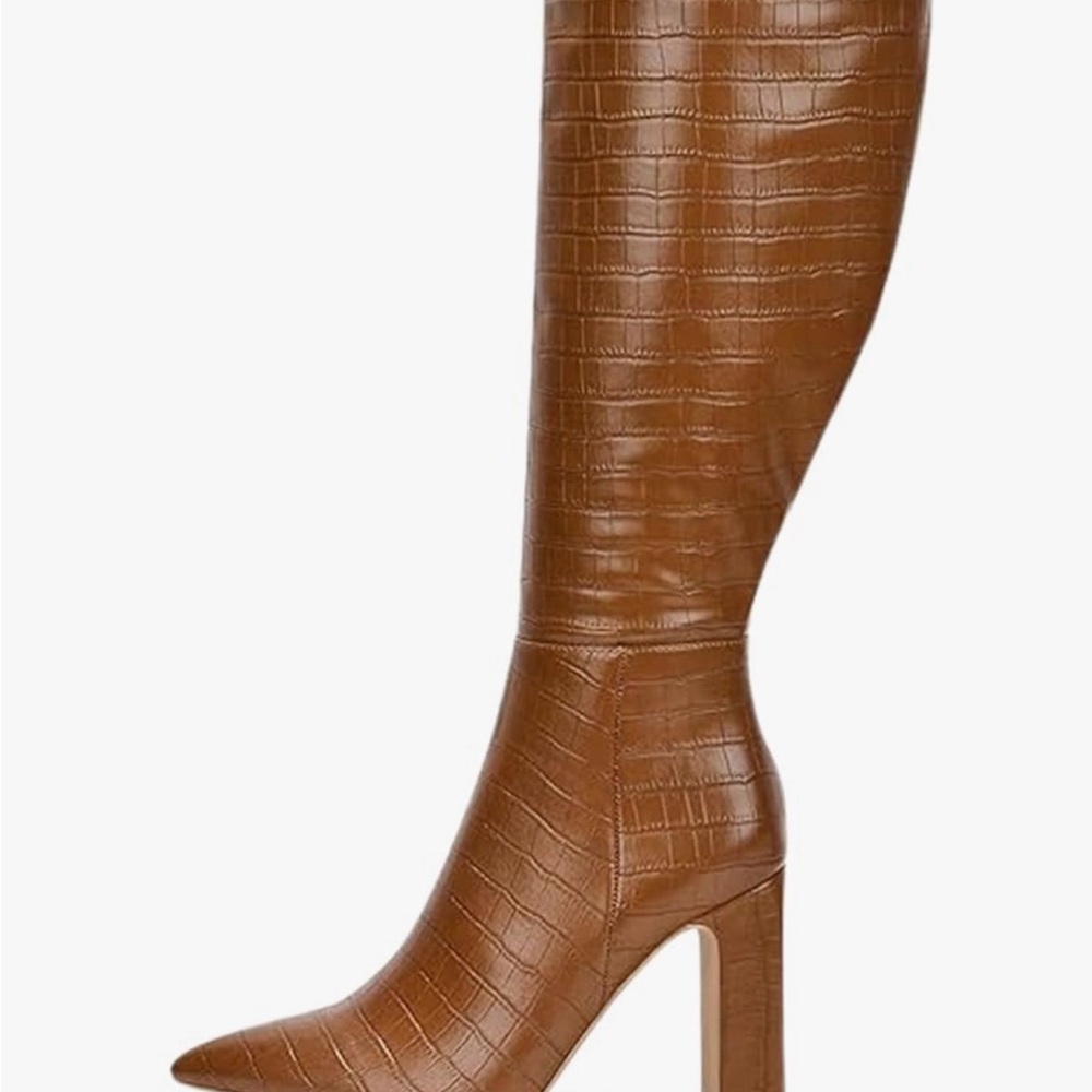 Brown Croc-Embossed Knee-High Boots